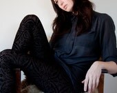 Velvet burnout leggings - stretch spandex midnight black floral design, soft grunge style goth fashion - small