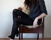Sheer leggings - serious black velvet burnout with geometric floral design, casual comfortable feminine - large