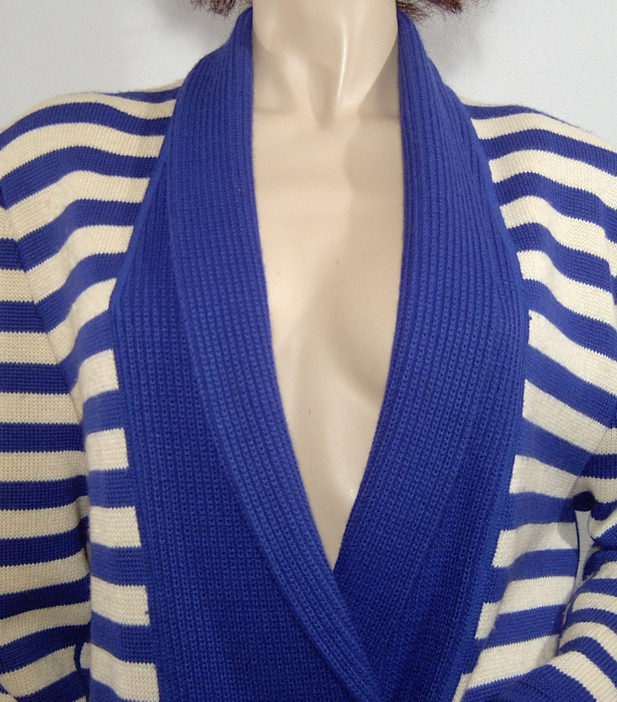 Royal blue & white stripe wool sweater - Medium - Devernois Paris - Made in France - shawl collar - nautical