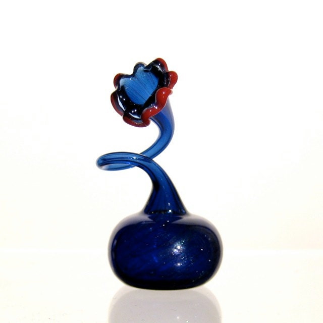 Flower Bottle in Sparkly Blue and Coral, Hand Blown Glass