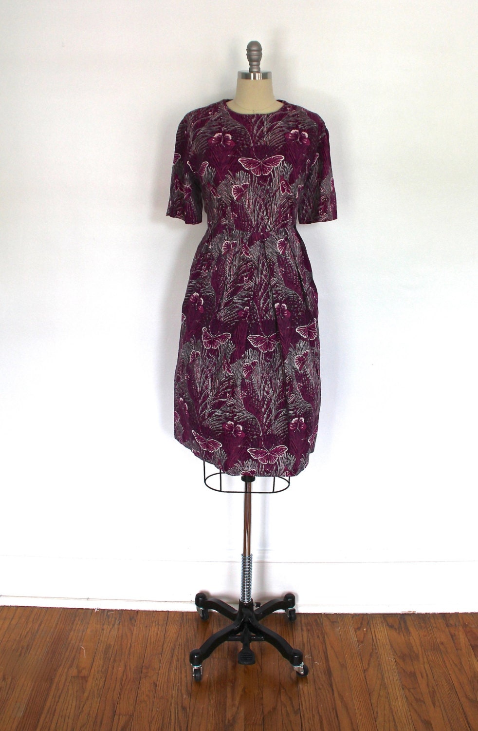 1950s Day Dress / Purple Pink Butterflies / Cotton Shirtwaist / Vintage Mid-Century Mad Men / Large L Extra Large XL Plus Size