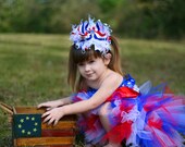 Fourth of July Bow OTT  Bow Curly Ostrich Boutique Bow with Rhinestone Center