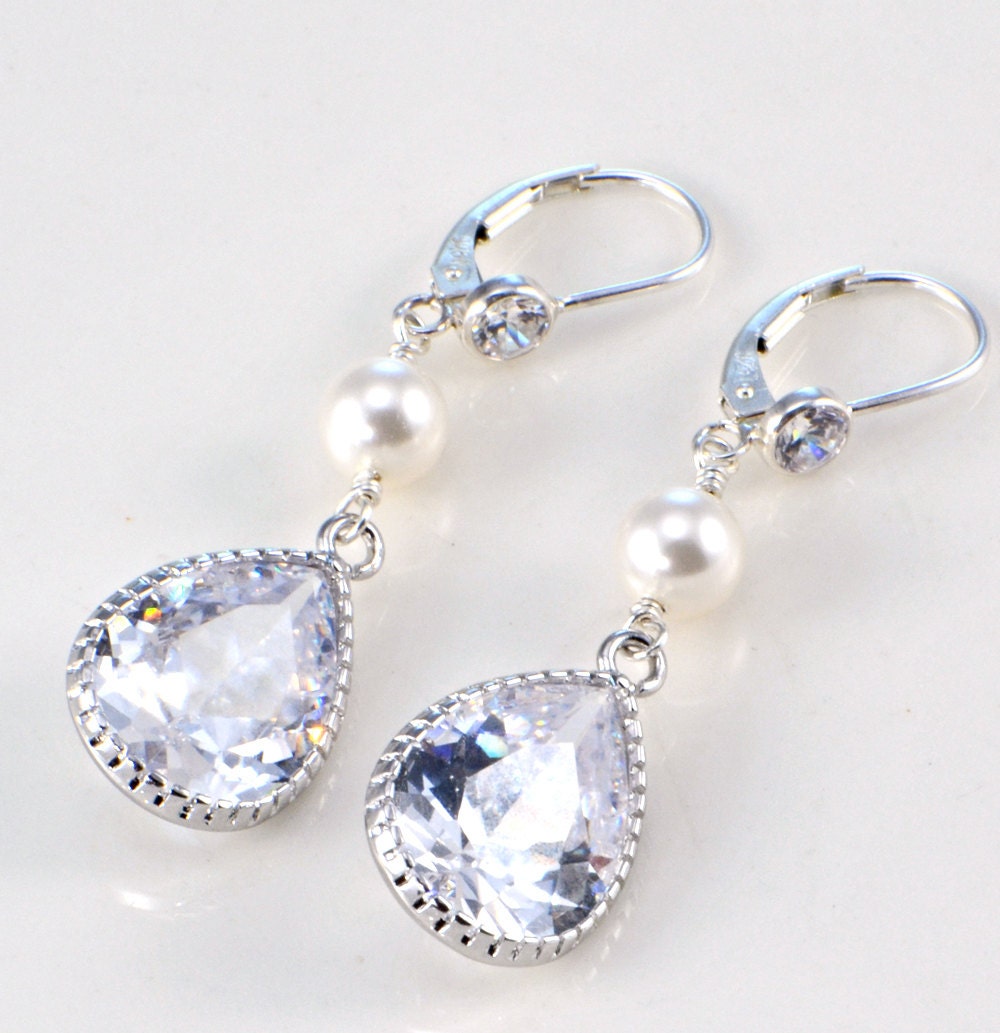 Cubic Zirconia and White Swarovski Pearls Earrings, Bridal, Wedding Jewelry, Winter