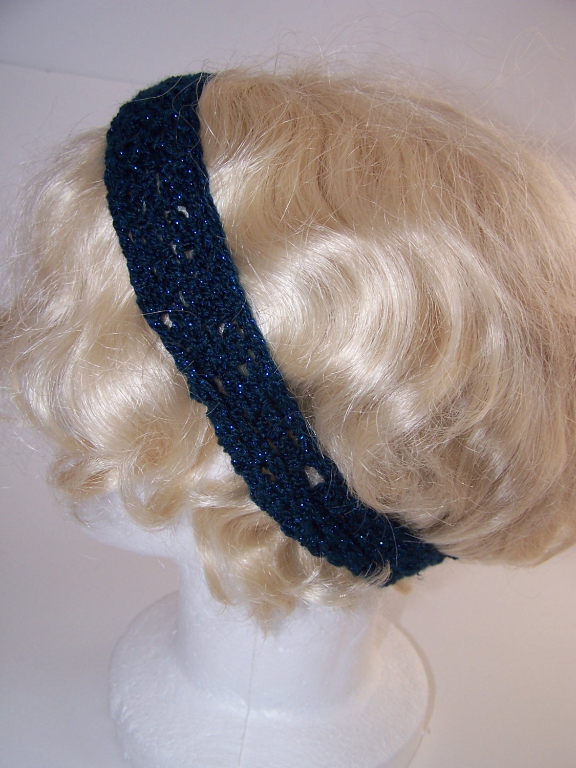 Crocheted Headband, Teal Hairband, Glittery Headband, Hair Accessory for Women and Teen Girls