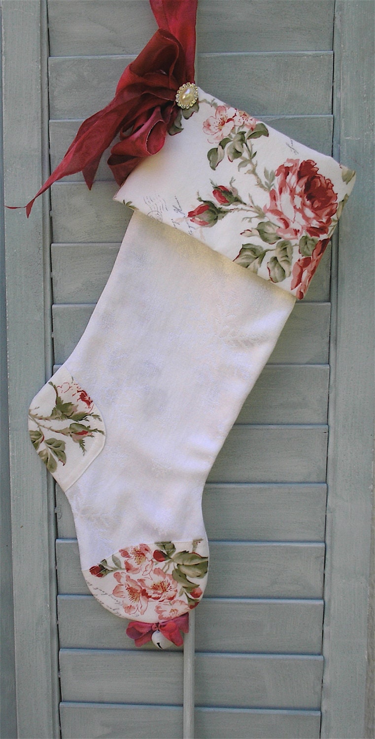 Christmas Stocking White with Red Roses