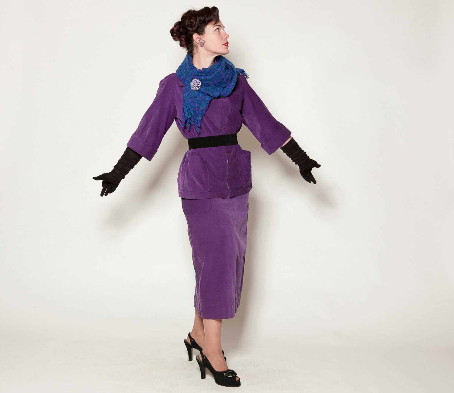 Vintage 1940s Corduroy Skirt Set Purple Zip Front Jacket Fall Fashions