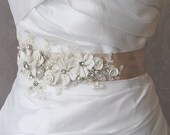 Champagne and Ivory Sash, Bridal Sash, Wedding Belt, Rhinestone and Pearl Flower Sash with Lace - GEORGETTE