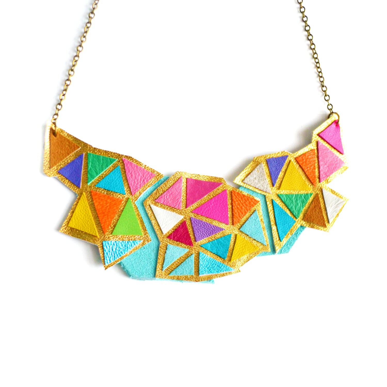 Geometric Leather Necklace Neon Leather Triangle Kaleidoscope Facets