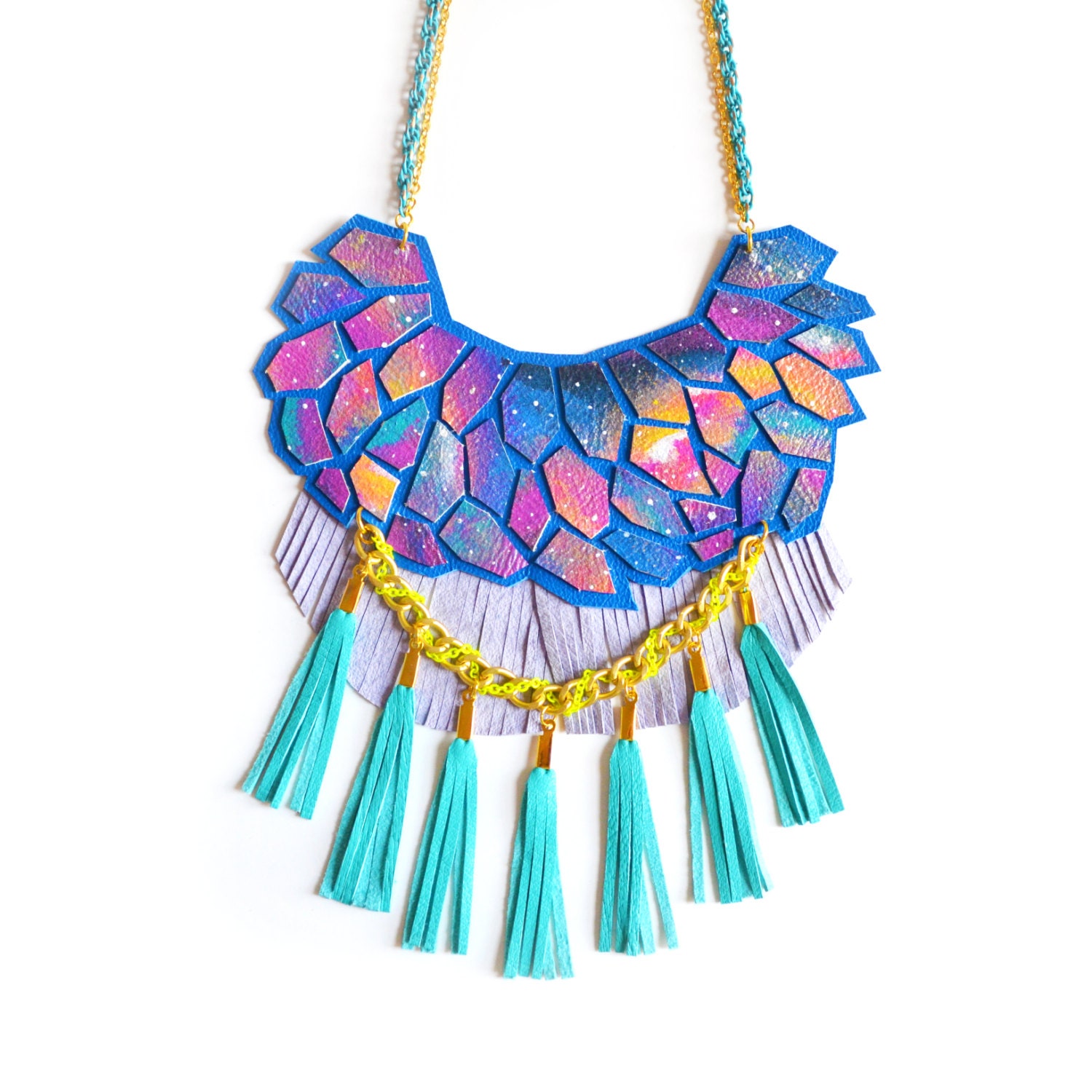 Turquoise Statement Necklace, Neon Woven Chain, Nebula Geometric Hexagon and Fringe, Galaxy Leather Statement Jewelry