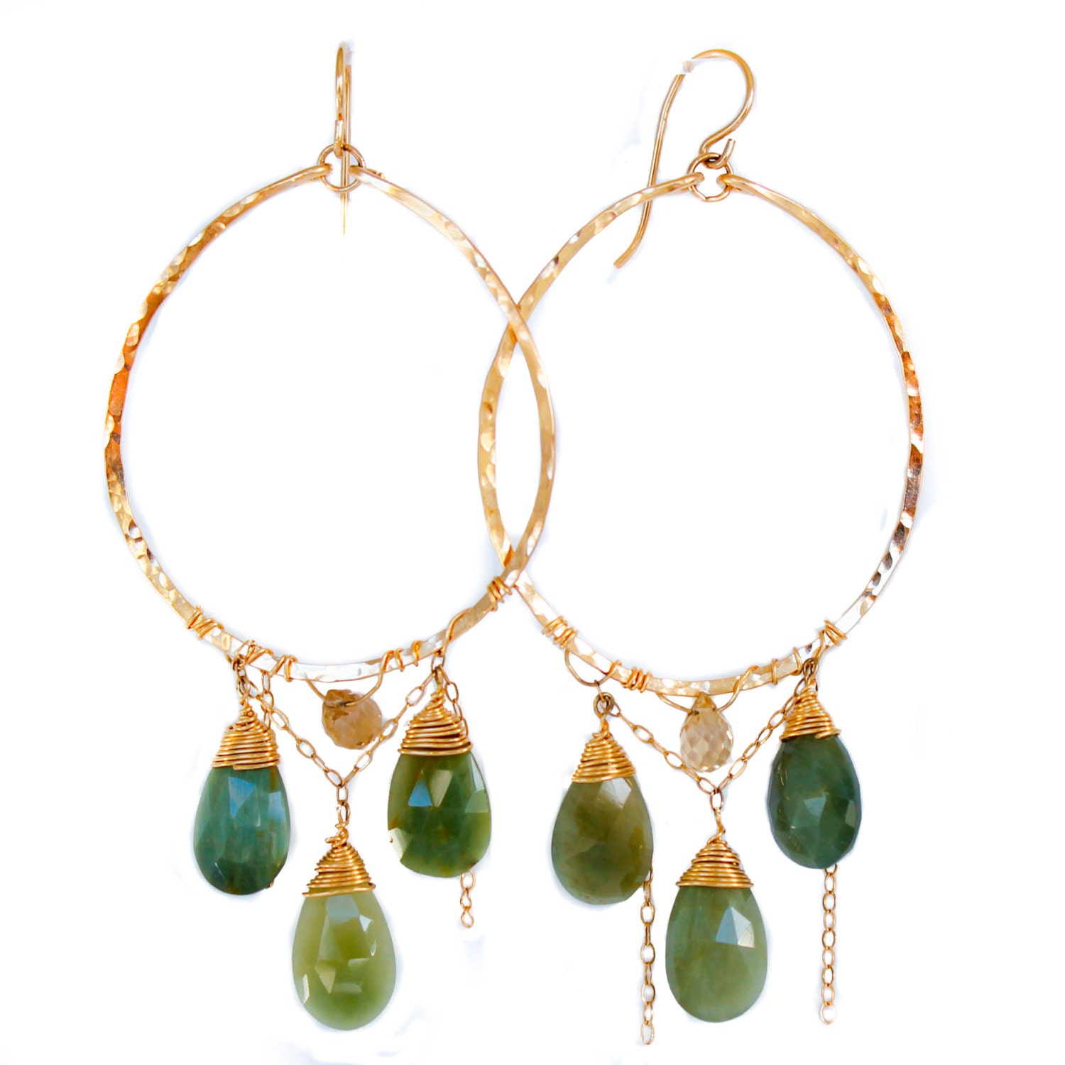 Catseye Cascade Hoops - Catseye, Champagne Quartz and 14K Gold Filled Handmade Chandelier Earrings