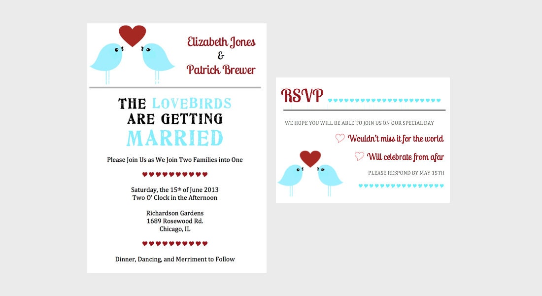 Wedding Invitation - Set of 50 - Blue Love Bird Invitations and RSVP Cards