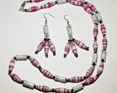 Eco Friendly Spring Pink Rose Paper Bead Necklace and Earrings Set