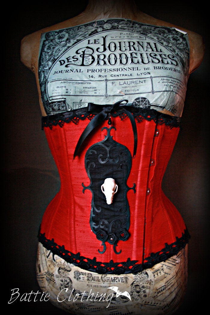Amelia's beloved bat skull corset, red silk dupioni steel boned underbust corset, Made to your measurements