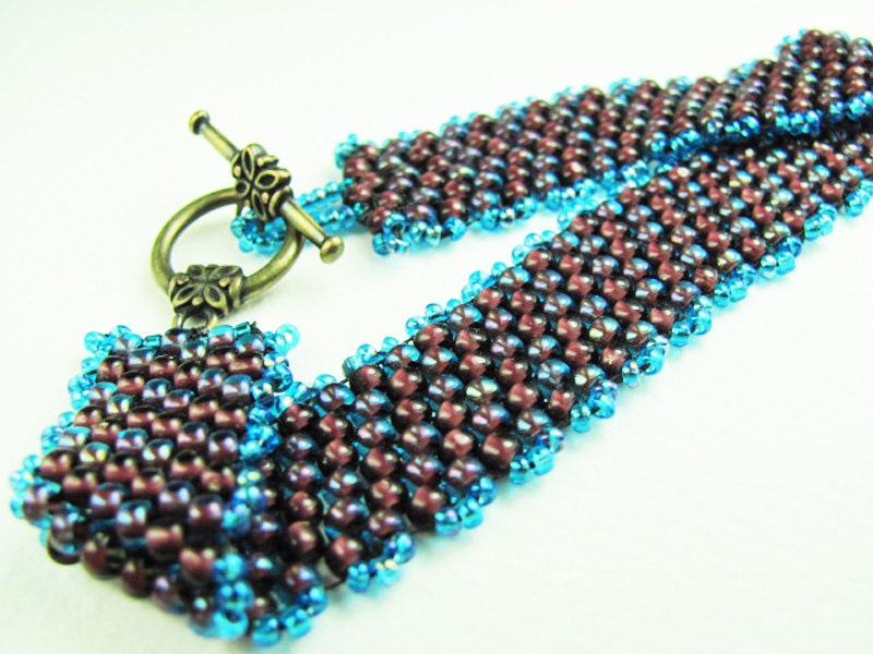 Beadwork Bracelet - Peyote Stitch Blue and Burgundy - SRAJD