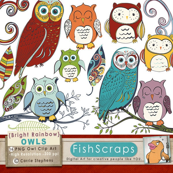 Owl Clip Art - Rainbow Color - Digital Images - Whimsical Woodland Graphics for Personal & Commercial Use - DIY Invites, Cards