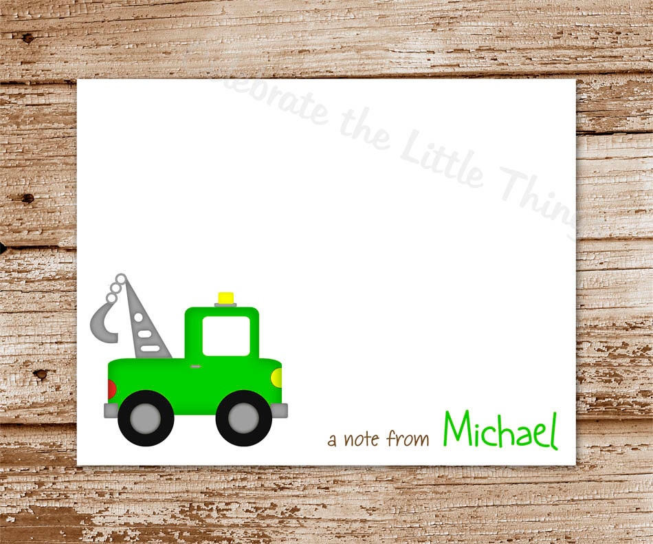 SET of 8 TOW TRUCK Note Cards  :    Personalized Stationery, Thank You Notecards