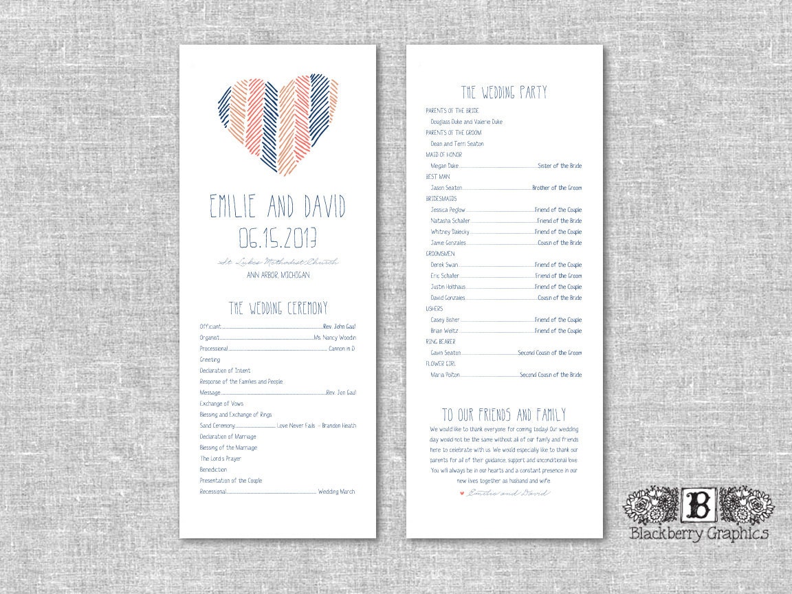 DIY printable, illustrated herringbone chevron heart Wedding Program, 2 sided, Emilie design
