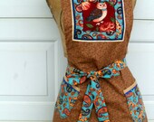 Womans Full Owl Apron Reversible in Teal and Brown