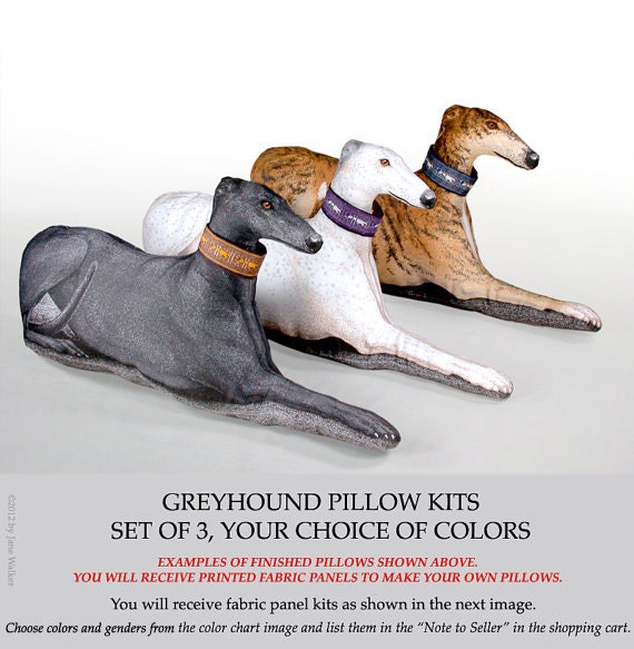 KITS 3 Greyhound Plushie Pillows for you to sew - custom printed after purchase - sighthound