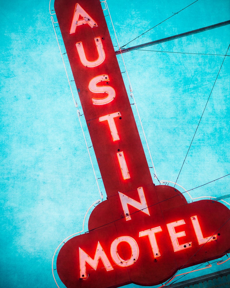 Austin Photo - Austin Motel - Vintage Retro Motel Sign - Red and Aqua - Old Sign - 8 x 10 Print - Texas - Neon - Fine Art Photo