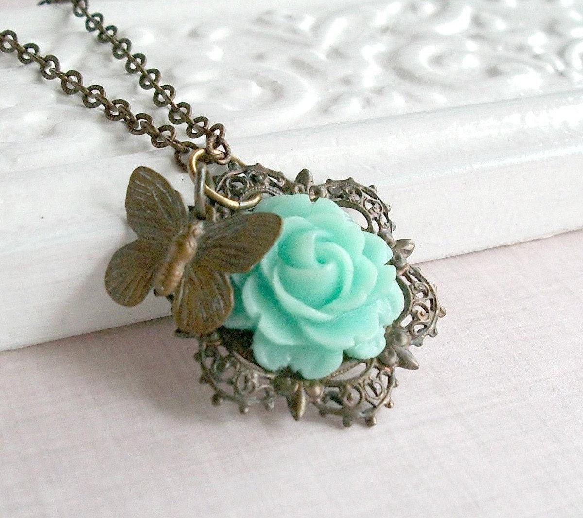 Flower Necklace Pastel Aqua Butterfly Necklace Antique Brass Victorian Filigree Rose Pendant Retro Floral Jewelry Vintage Style