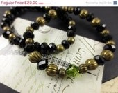 Boho Chic Bracelet Set, Stretch Bracelet, Vintage Inspired Jewelry, Black Gold Bronze, Green Crystal, Beaded Bracelets