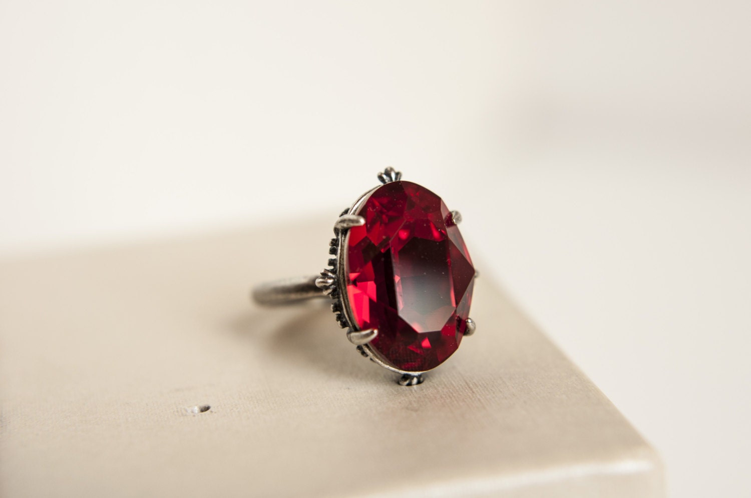 Red Siam  Swarovski ring  - swarovski oval cabochon - antique silver base