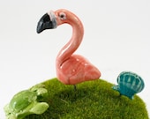 Terrarium Sculpture Set: Pink Flamingo with sea turtle and shell for terrariums, fairy gardens