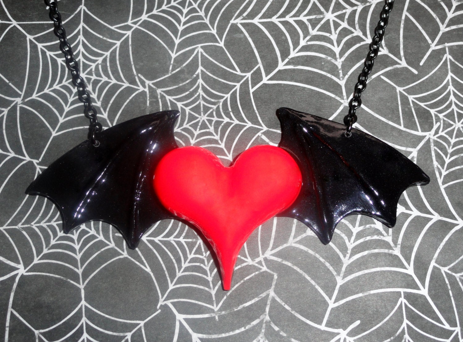 Bat Wing Heart Necklace - Fluorescent Neon Red & Solid Black - UV Reactive