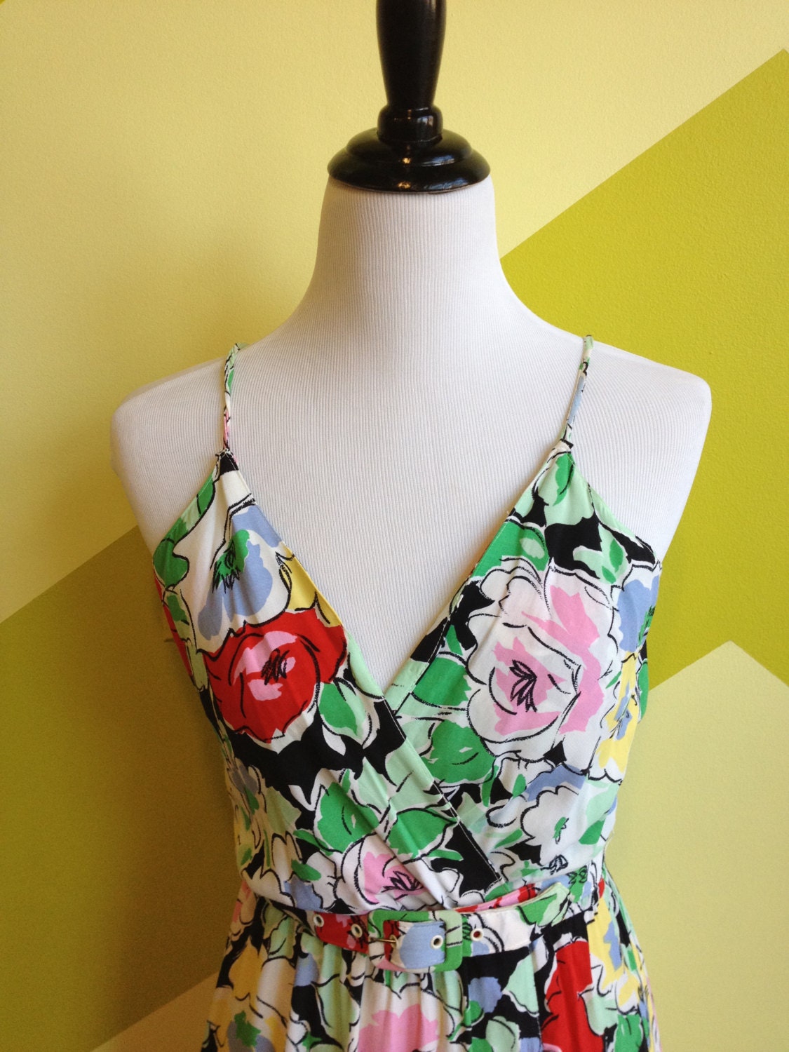 1980s Vintage / Vibrant Floral Belted Tank Sun Dress/ Size S
