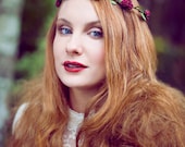 Burgundy Red Floral and Green Ivy Leaf Trim Festival Flower Hair Crown Hair Garland