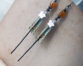 Beaded Earrings - Rustic Assemblage Earrings - Red Aventurine, Mother of Pearl, Vintage Tin, Chain, Steel Wire Wrapping