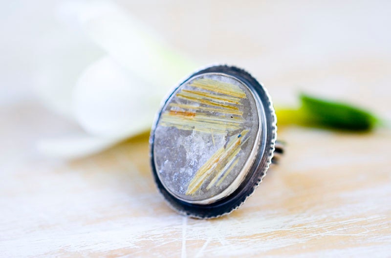 Raw Rutilated Quartz Ring in Sterling Silver Cocktail Ring - Size 7 - Origins