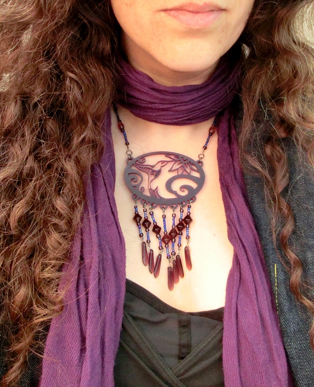 Bird Necklace - Hummingbird and Flower - Purple and Blue - Unique Bird Pendant Laser Cut from Original Drawing by Laura Cesari