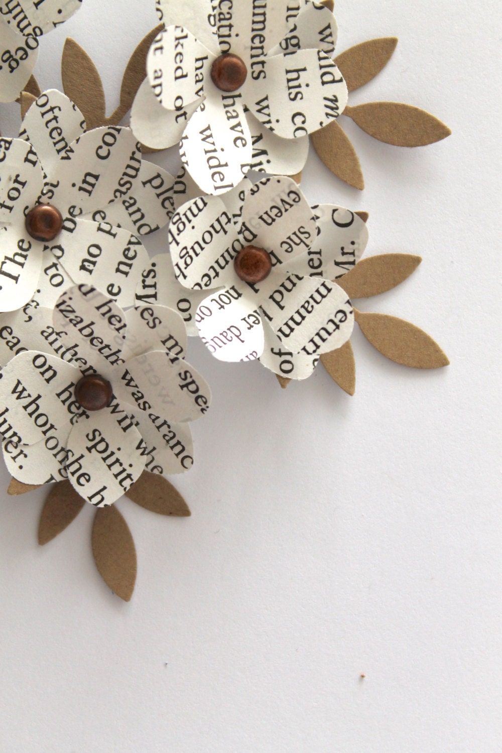 6 PAPER FLOWERS Neutral Scrapbooking Stickers and Crafting Supplies Jane Austen Text Handmade