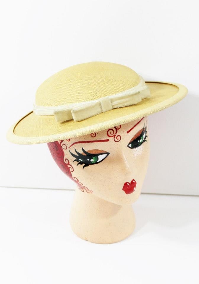 1960s Millinery Straw Boater Hat Velvet Bow