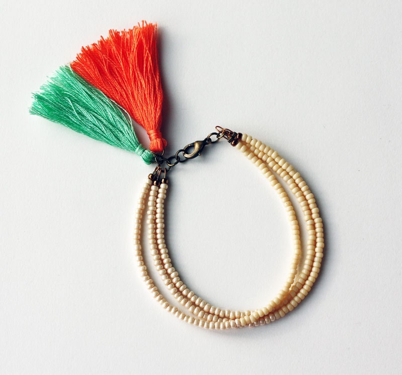 Beaded Bracelet - Tassel Tribal Bracelet - Cream and Pearl Bracelet with Tangerine and Mint Tassel