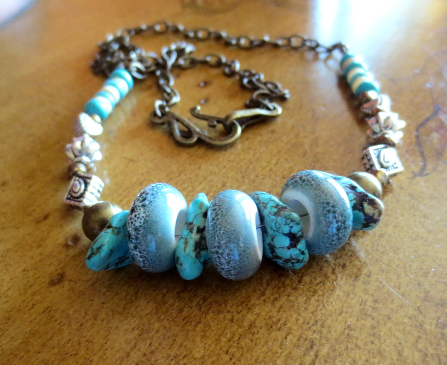 Shell, Stone and Ceramic Necklace, Bronze Chain, Mixed Media, Turquoise Howlite Chunks, Silver Beading, Bronze Chain
