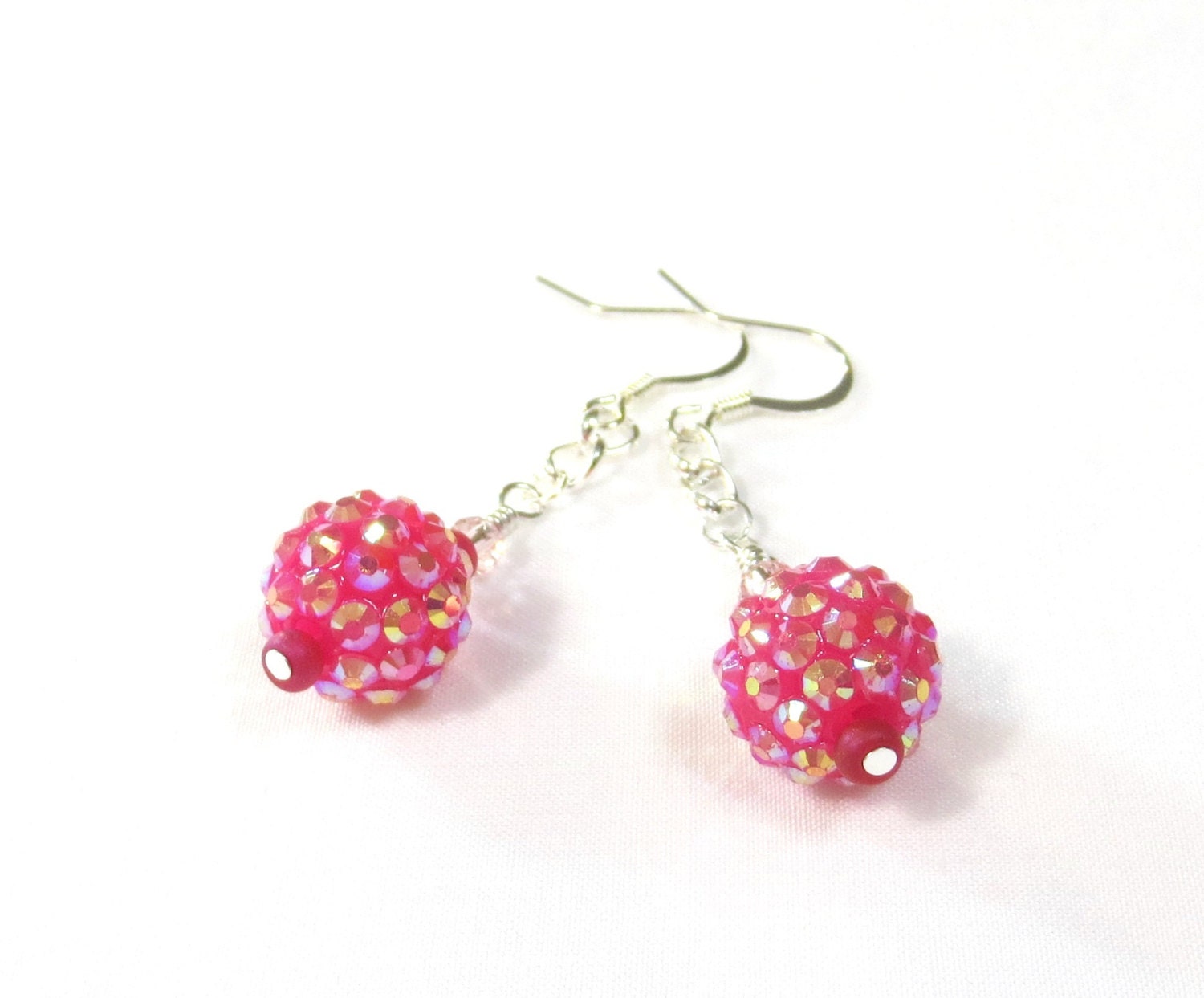 Crystal Cluster Earrings, Pink Acrylic Beads, Rose Czech Glass, Chain Earrings, Cute Dangle Earrings, Silver and Pink