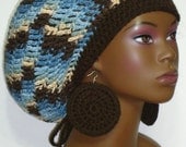 Crochet Rasta Tam Cap Hat with Earrings and Drawstring Brown Blue Ivory Cream