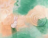 Bo In The Forest, original painting, wall art, bunnie character, cute rabbit, 12 x 12 inches, pink and teal, textured acrylics, flowers