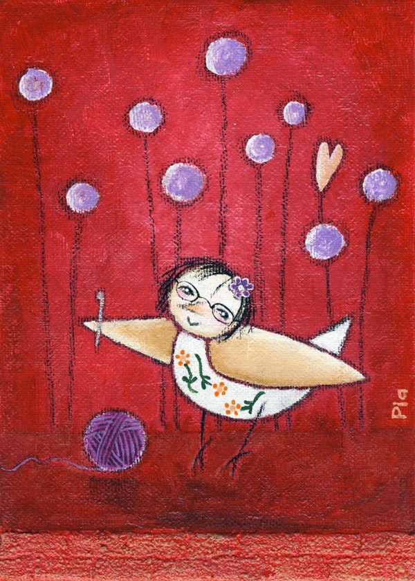 Sophie Is Crocheting, original painting, wall art, yarn and needle, cute bird character, 5x7", crimson red, textured acrylics