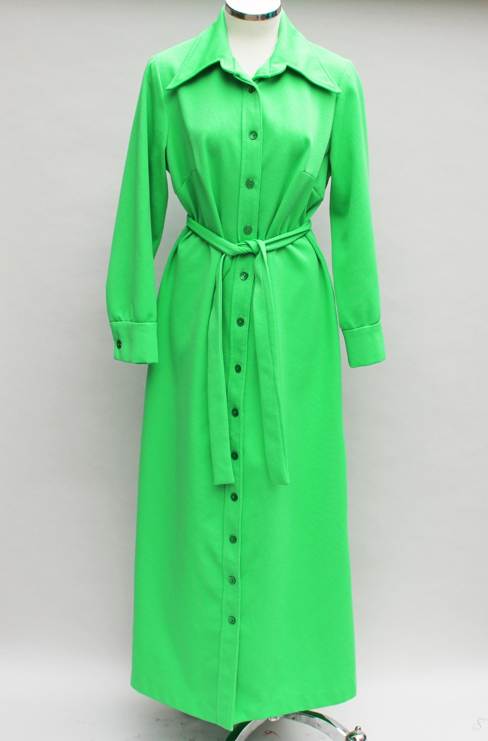 70s vintage bright green polyester maxi dress, button down, matching tie belt - Large