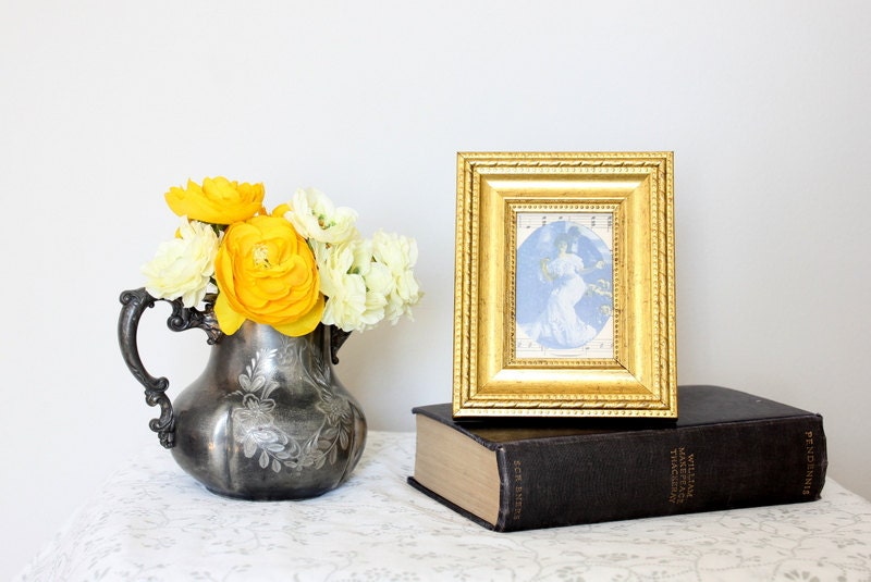 Tiny sheet music collage in gold frame.  Vintage inspired home, apartment, or dorm decor for small space decorating