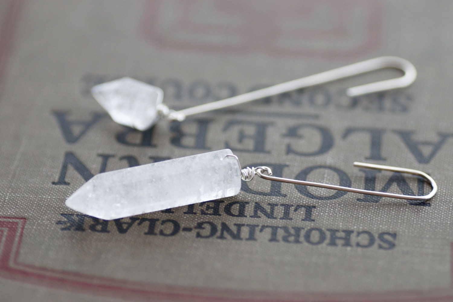Quartz on Long Sterling Hook Earrings - Asymmetric