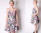 Strapless Rouched  Rose Floral Cotton Prom Party Dress / 80s Floral Cotton Dress / Tapestry Rose  / 1968