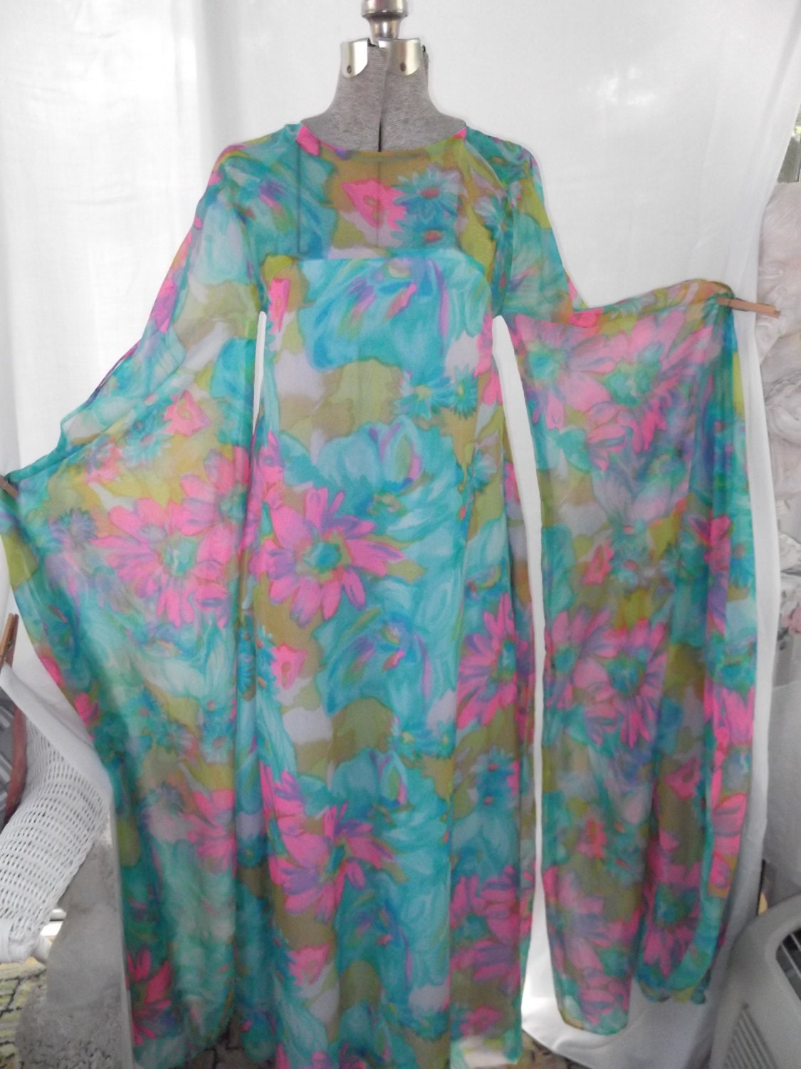 Vintage 1960s 1970s Loungewear Dress Maxi Long Dramatic Sheer Kimono Type Sleeves SOLD AS IS