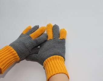 Knitted gloves for toddler girl our boy in gray and yellow colors