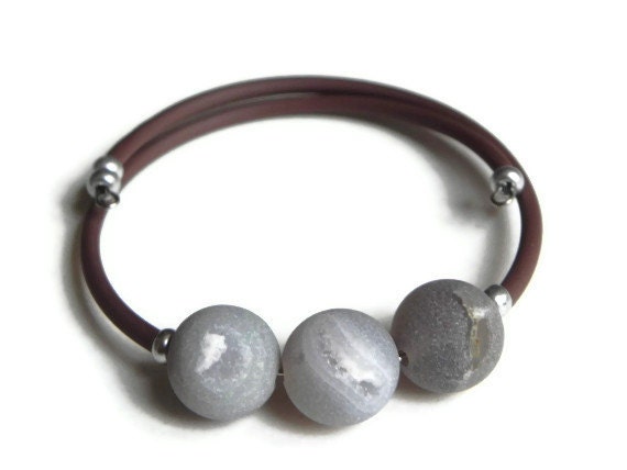 bangle bracelet, grey druzy bangle bracelet, memory wire rubber bracelet, modern gemstone bangle bracelet