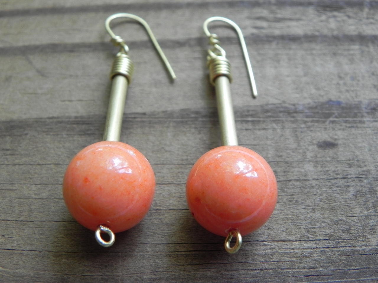 modern gemstone earrings, orange aventurine drop earrings, gemstone dangle earrings, brass tube drops